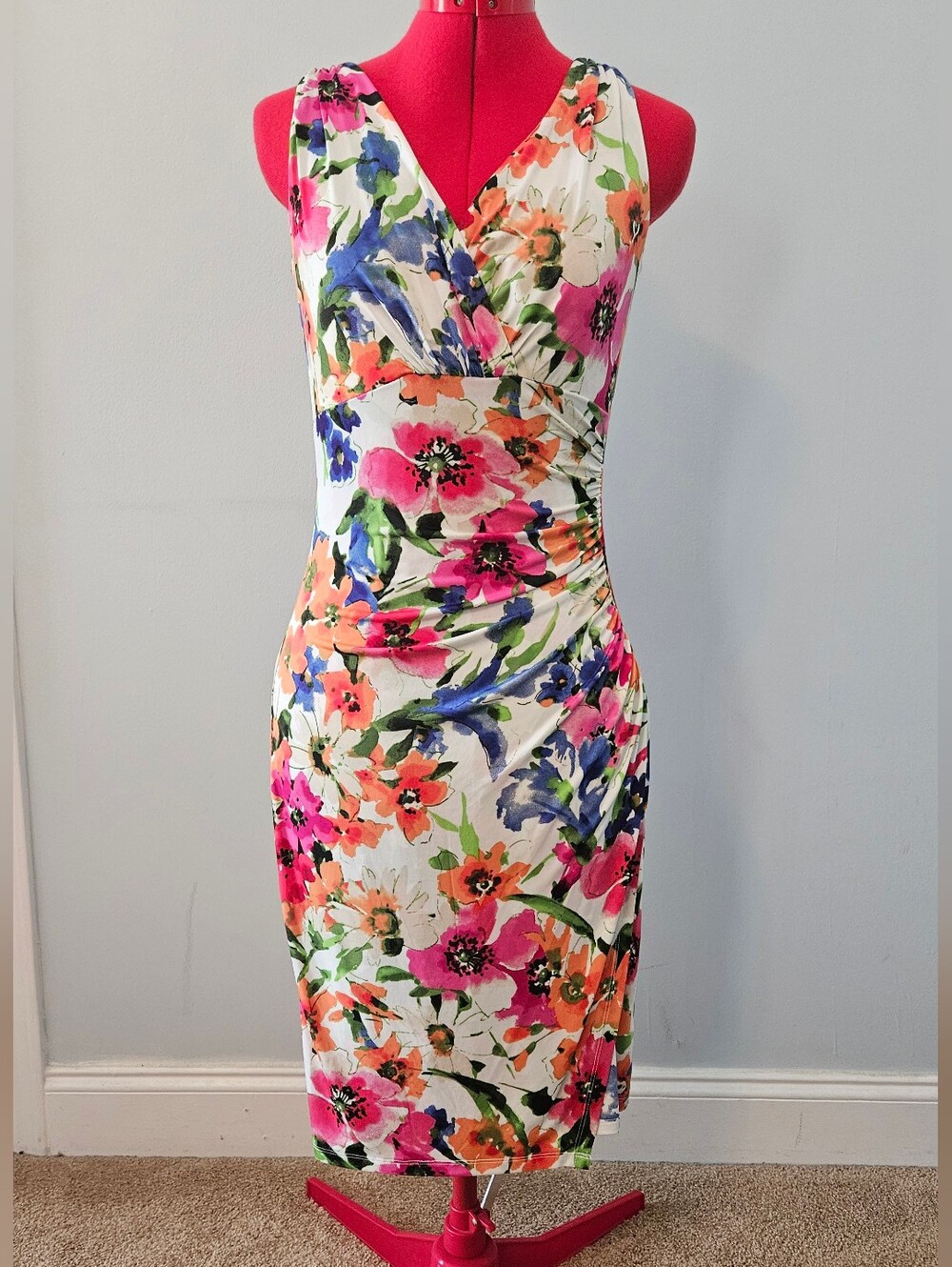 Multicolor Floral Knit Dress with Flattering Asymmetrical Rouching